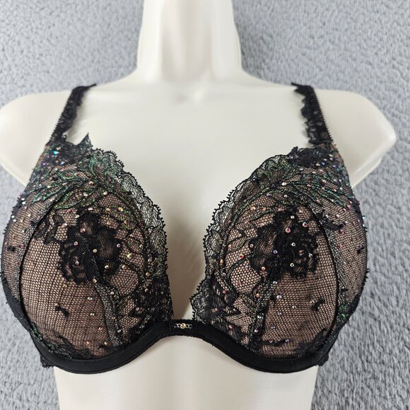 Victoria’s Secret Bra Womens 34D Black Nude Lace Push Up Demi Embroidered Floral - Picture 1 of 13
